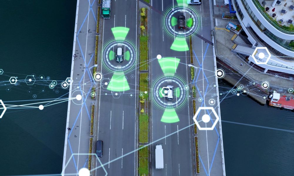 A diagram of cars from above demonstrating Advanced Driver Assistance Systems (ADAS)