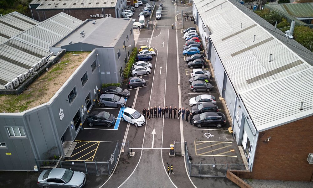 An aerial view of S&B Academy, showing the buildings, car parking area and team
